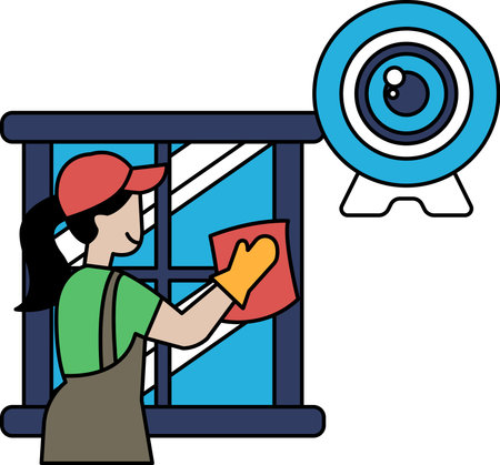 A woman is cleaning a window. The window is in front of a camera. The camera is on a standのイラスト素材