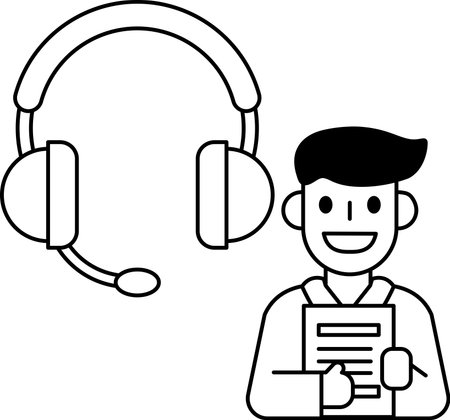 A man wearing headphones is smiling and holding a piece of paper. Concept of professionalism and focus, as the man is likely working in a job that requires him to listen to and communicate with othersのイラスト素材