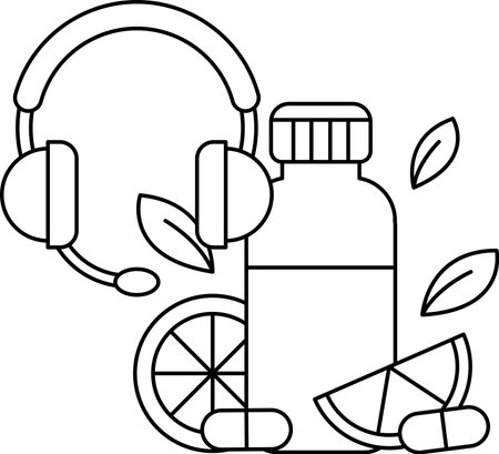 A bottle of medicine is next to a headset and an orange. Concept of taking care of one's health and staying connected to othersのイラスト素材