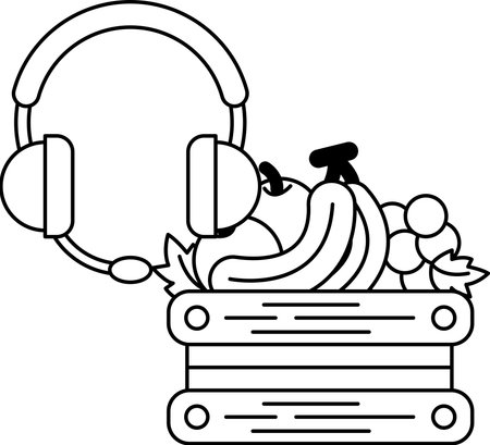 A cartoon of a banana and a pair of headphones. The banana is sitting on top of a stack of booksのイラスト素材