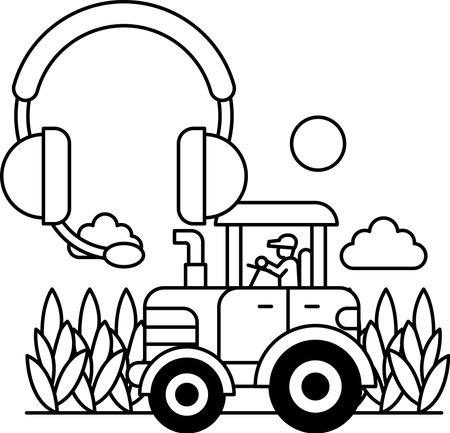 A tractor is driving through a field with a man in a headset. The man is wearing a hat and driving the tractorのイラスト素材