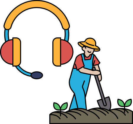 A man wearing a hat and overalls is digging a hole in the ground. A microphone is in the background, suggesting that he is recording somethingのイラスト素材