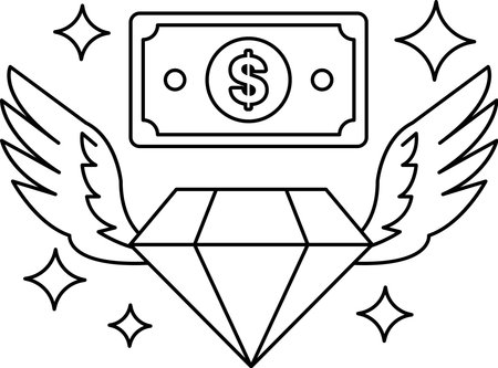 A dollar bill with a diamond on top of it. The diamond is surrounded by a bunch of starsのイラスト素材