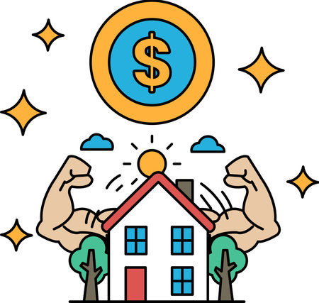 A house is being lifted up by two strong men, with a dollar sign in the middle. Concept of financial strength and powerのイラスト素材