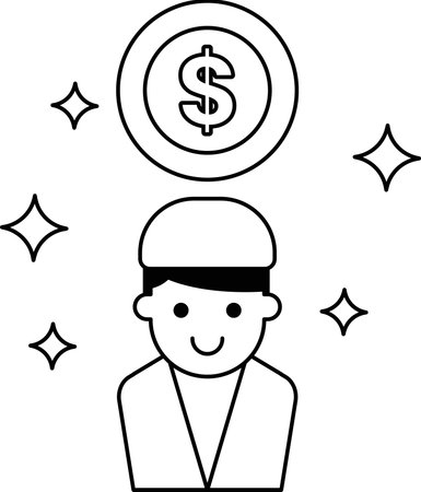 A man with a dollar sign on his head. The dollar sign is surrounded by stars. The man is smilingのイラスト素材