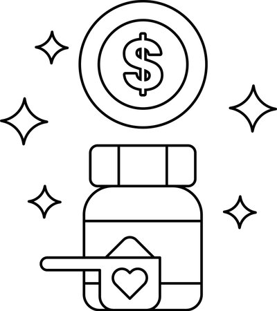 A dollar sign is above a bottle of medicine. The dollar sign is surrounded by stars. The bottle of medicine is a symbol of health and well-beingのイラスト素材