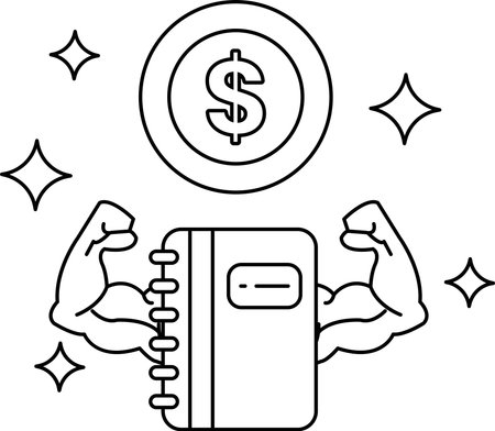 A man is holding a book and a dollar sign. The dollar sign is on top of a coin. The man is strong and muscular. Concept of wealth and strengthのイラスト素材