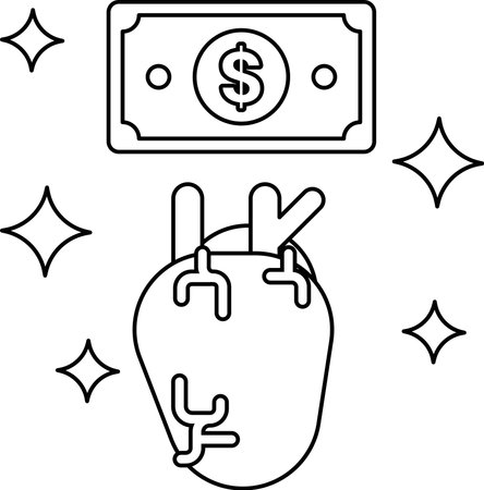 A dollar bill is on top of a heart that is being crushed. The dollar bill is surrounded by a bunch of starsのイラスト素材