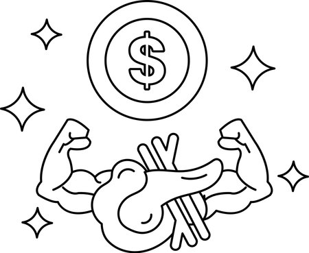 A cartoon of a man with his arms raised and a dollar sign in the background. The dollar sign is surrounded by stars. The cartoon is about the importance of hard workのイラスト素材
