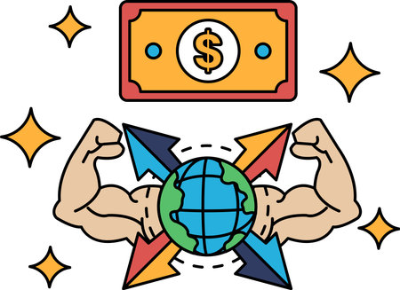 A drawing of a man with his arms raised and a dollar bill in the background. The dollar bill is surrounded by stars and the man's arms are raised in a triumphant pose. Concept of strength and successのイラスト素材