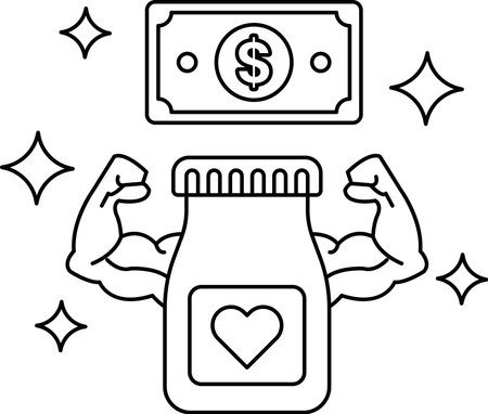 A bottle of medicine with a dollar bill on top. The dollar bill is surrounded by stars. Concept of the importance of taking care of one's health and the value of moneyのイラスト素材