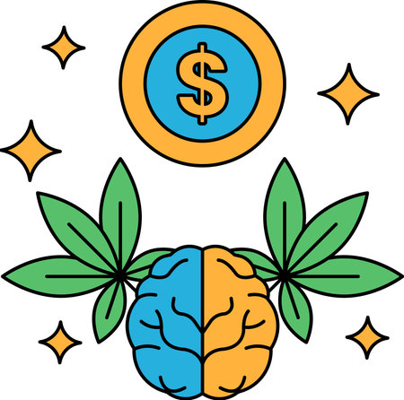 A dollar sign is above a brain and leaves. The dollar sign is surrounded by a circle. Concept of money and the importance of the brain in relation to itのイラスト素材