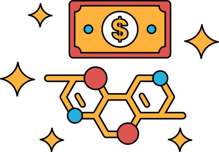 A dollar bill is drawn next to a molecule. The dollar bill is surrounded by a star patternのイラスト素材