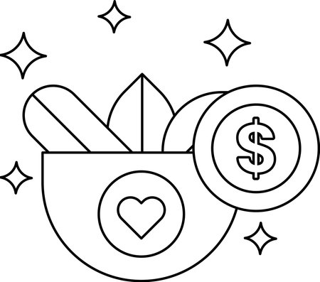 A black and white drawing of a dollar sign and a heart. The dollar sign is surrounded by a bowl and a leaf. The drawing conveys the idea of giving and receiving, and the heart symbolizes love and careのイラスト素材