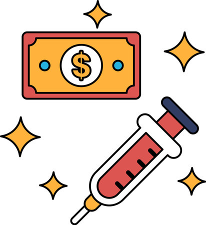 A dollar bill is next to a syringe. The dollar bill is shiny and the syringe is smallのイラスト素材