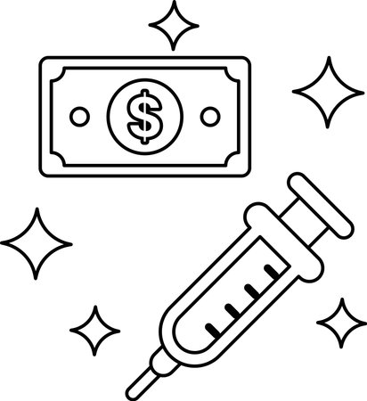 A dollar bill is next to a syringe. The dollar bill is shiny and the syringe is smallのイラスト素材