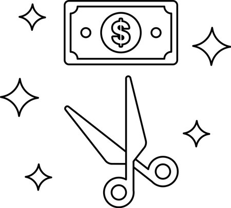 A dollar bill is cut in half by a pair of scissors. The scissors are positioned above the dollar bill, and the image is filled with stars. Concept of cutting or dividing something, possibly moneyのイラスト素材