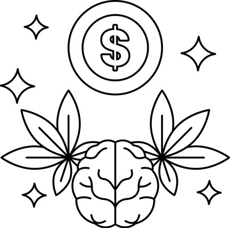 A dollar sign is above a brain and leaves. The dollar sign is surrounded by a circle. Concept of money and the importance of the brain in relation to itのイラスト素材