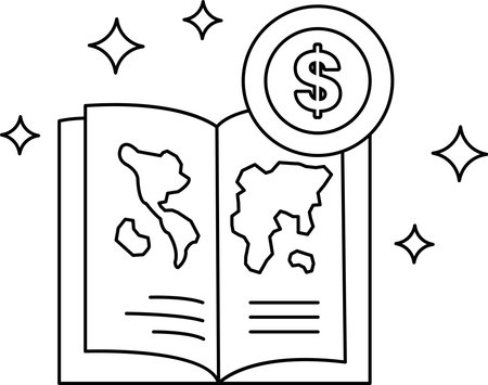 A book with a dollar sign on top of it. The dollar sign is surrounded by stars. The book is open to a page with a map of the worldのイラスト素材