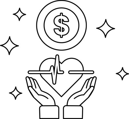 A dollar sign is above a heart and two hands. The dollar sign is surrounded by a circleのイラスト素材