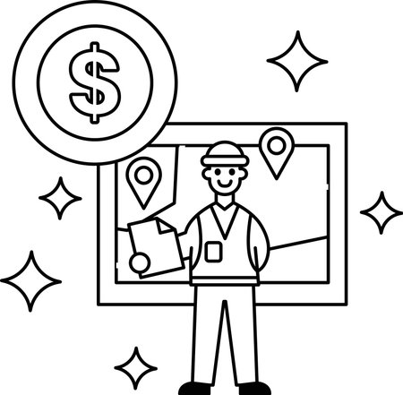 A man is standing in front of a map with a dollar sign in the background. The dollar sign represents moneyのイラスト素材