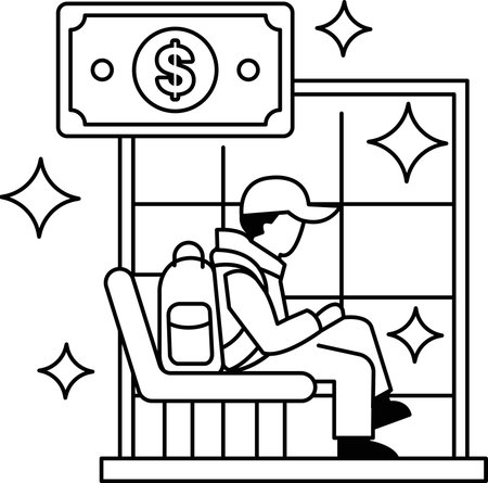 A man sits on a bench with a backpack and a dollar bill in front of him. Concept of financial struggle and the importance of saving moneyのイラスト素材