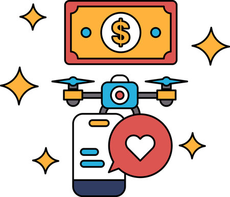 A black and white drawing of a drone with a cell phone and a dollar bill. The drawing conveys the idea of technology and moneyのイラスト素材
