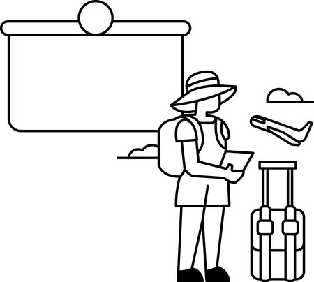 A woman is standing in front of a sign with a suitcase and a backpack. She is looking at a piece of paperのイラスト素材