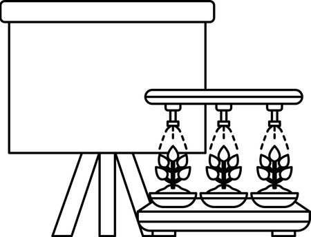 A black and white drawing of a projector screen and a watering system. The projector screen is empty and the watering system is spraying water on plantsのイラスト素材