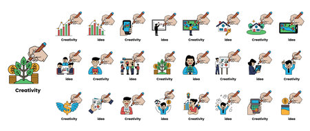 Creativity is the theme of this image. It features a variety of people and objects, including a person holding a pencil, a person holding a cell phone, and a person holding a tabletのイラスト素材
