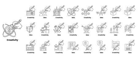 Creativity is the theme of this image. It features a variety of symbols and drawings, including a guitar, a book, a cell phone, and a computer mouse. The symbols are arranged in a gridのイラスト素材