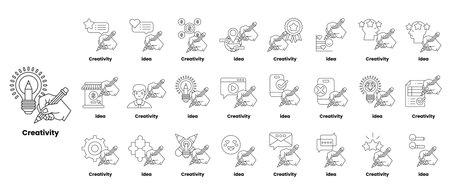 A collection of drawings of various things that are labeled with the word creativity. The drawings are all different and include things like a light bulb, a pencil, and a personのイラスト素材