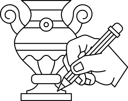 A hand is drawing on a vase. The vase is white and has a design on it. The hand is using a pencil to draw on the vase. The drawing is abstract and has a sense of movementのイラスト素材