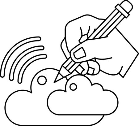 A hand is writing with a pencil on a cloud. The pencil is black and the hand is whiteのイラスト素材