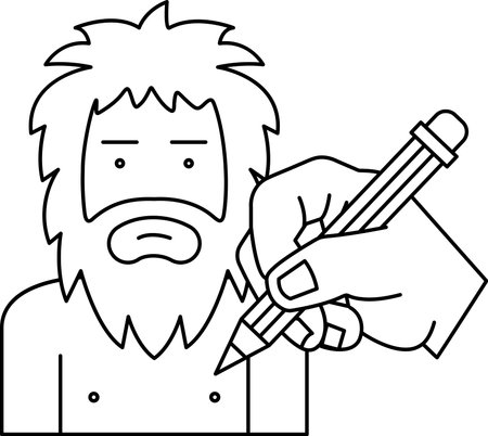 A man with a beard is drawing on a man's back with a pencil. The man is wearing a shirt and pants, but his back is bare. The pencil is being used to draw a line on the man's backのイラスト素材