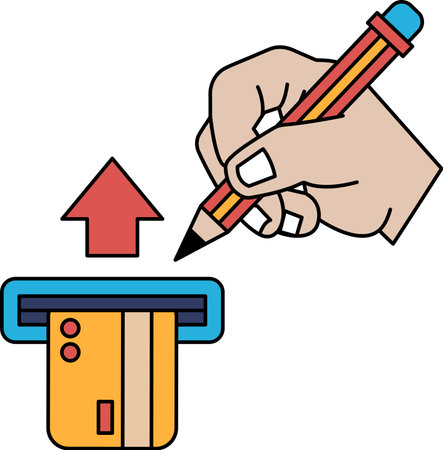 A hand is writing on a credit card machine. Concept of making a purchase or adding something to a card. Scene is lighthearted and playfulのイラスト素材