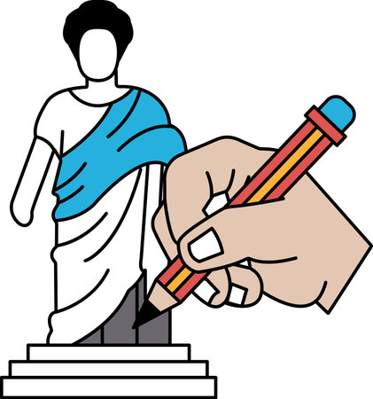 A hand is drawing a statue of a man with a pencil. The statue is of a Roman figure, and the hand is adding details to it. Concept of creativity and artistic expressionのイラスト素材