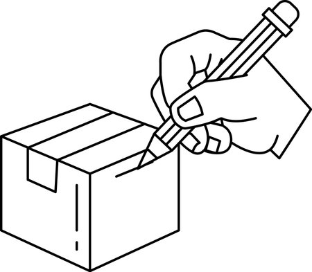 A hand is writing on a box with a pencil. The box is white and the pencil is blackのイラスト素材