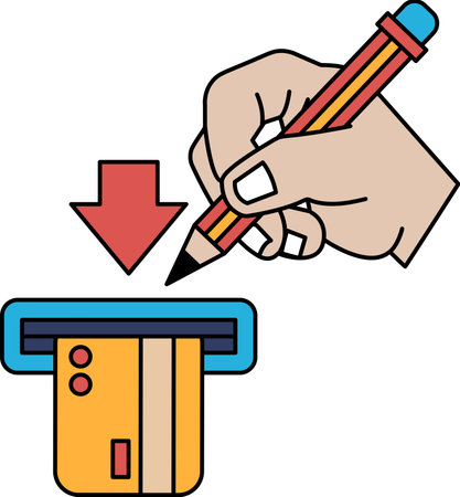 A hand is writing on a credit card machine. Concept of making a purchase or transactionのイラスト素材
