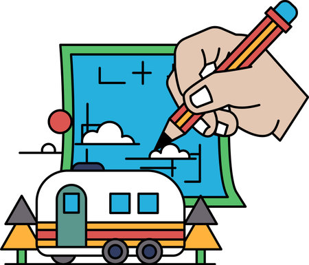 A hand is drawing a picture of a camper van on a piece of paper. The drawing is of a hand holding a pencil, and the camper van is drawn in the background. Scene is creative and artisticのイラスト素材