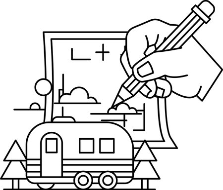 A hand is drawing a picture of a camper van on a piece of paper. The drawing is in black and white and includes a tree and a cloudのイラスト素材