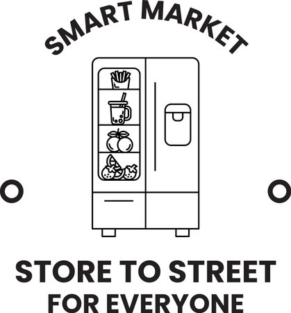 A refrigerator with a sign that says "store to street for everyone". The refrigerator is filled with fruits and vegetablesのイラスト素材