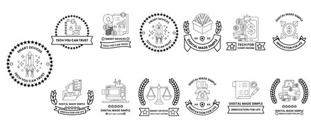 A set of black and white stamps with various designs and symbols. The stamps are arranged in a grid and include a clock, a book, a bicycle, a car, a tree, a star, a cross, a circle, and a ribbonのイラスト素材