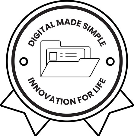 A black and white logo for digital made simple innovation for life. The logo features a folder with a ribbon around itのイラスト素材