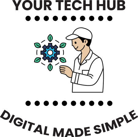 A man is holding a leaf in his hand. The image is titled Your Tech Hubのイラスト素材