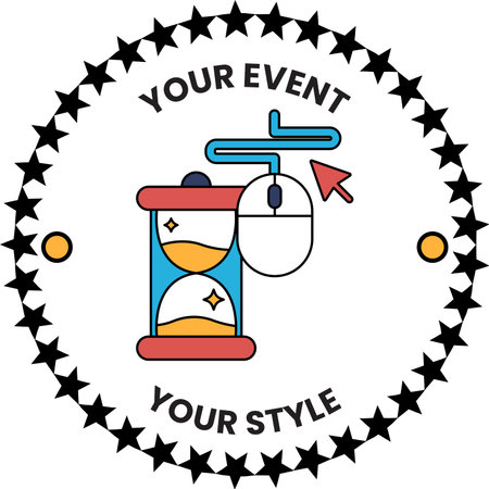 A round logo with a clock and a mouse. The clock is set to the number 12 and the mouse is pointing to the number 1. The logo is titled "Your Event Your Style" and is surrounded by starsのイラスト素材
