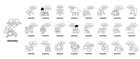 A collection of black and white images with the word "attention" at the top. The images are of various things, such as a man with a heart, a man with a magnifying glass, and a man with a cupのイラスト素材