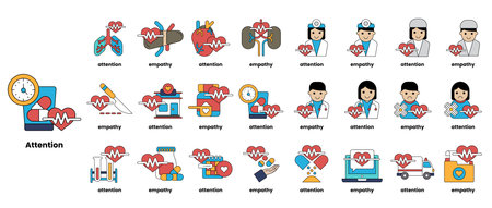 The image is a collection of various medical symbols and icons, including hearts, stethoscopes, and medical professionals. Scene is one of health and wellnessのイラスト素材