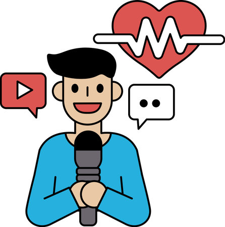 A man is holding a microphone and smiling. He is talking about something important. Concept of positivity and enthusiasmのイラスト素材