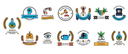 A collection of symbols and logos for various things, including health, medicine, and law. The...